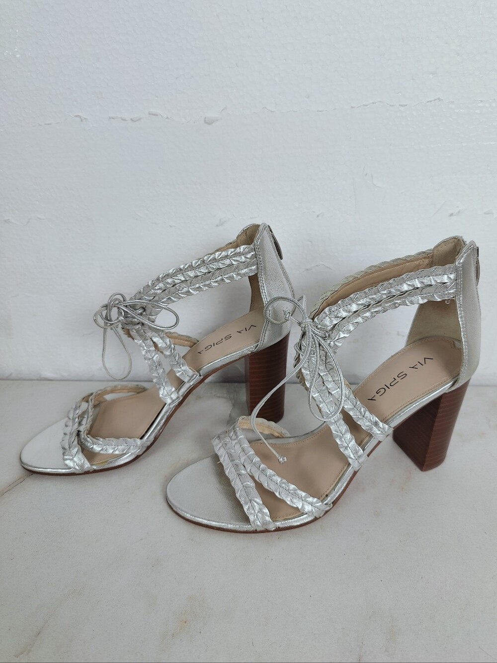 Via Spiga Silver Metallic Braided Leather Lace-Up Block Heel Sandals, Sz 8.5